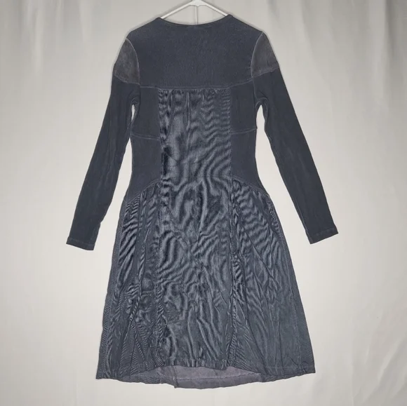 Oizini Dress Medium Women Blue Long Sleeve Mixed Print Lagenlook Gauzy Corduroy
